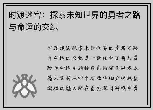 时渡迷宫：探索未知世界的勇者之路与命运的交织